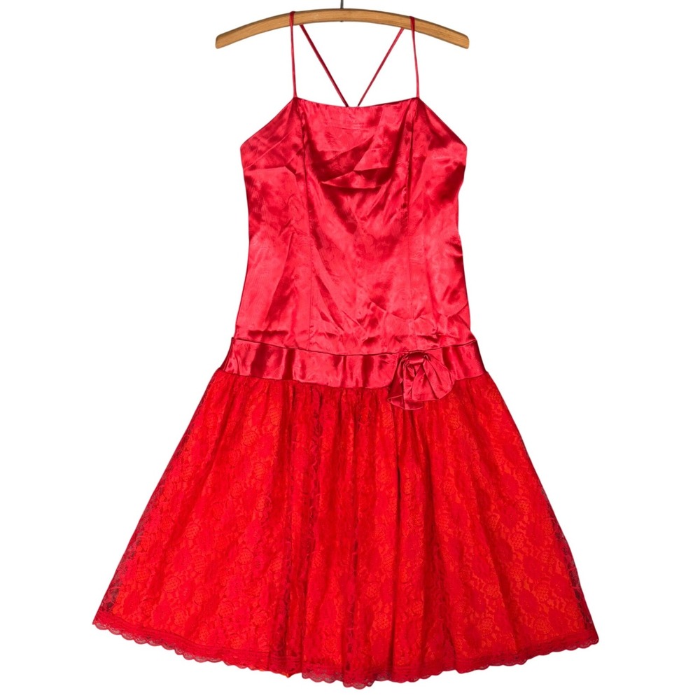 Gunne Sax Jessica McClintock Red Satin Lace Fit Flare Dress Fits S Vintage 80s